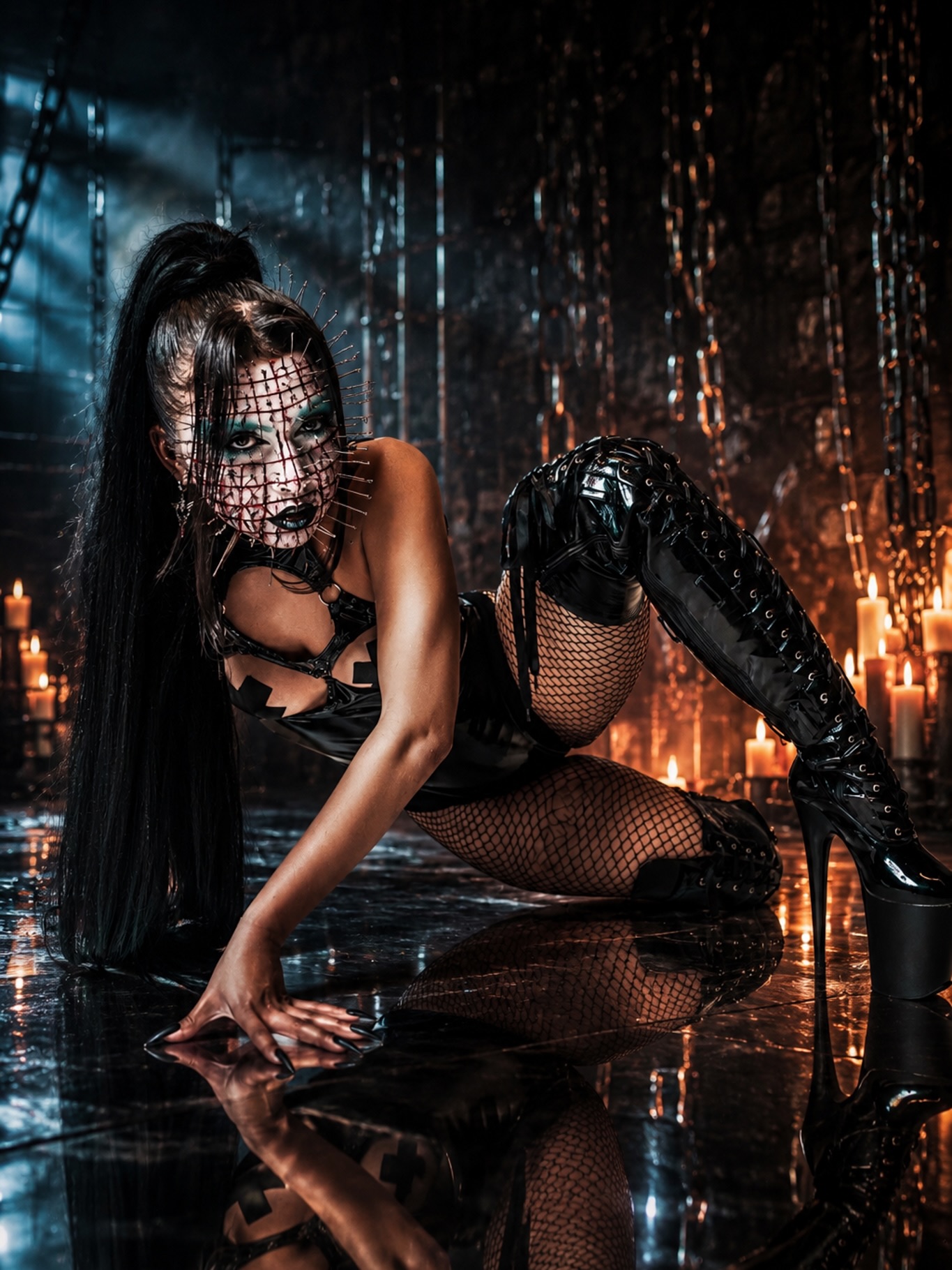 Photo by Eric 📸 on June 25, 2026. May be an image of one or more people, makeup, glasses, fishnet stockings, headdress, gas mask and text.