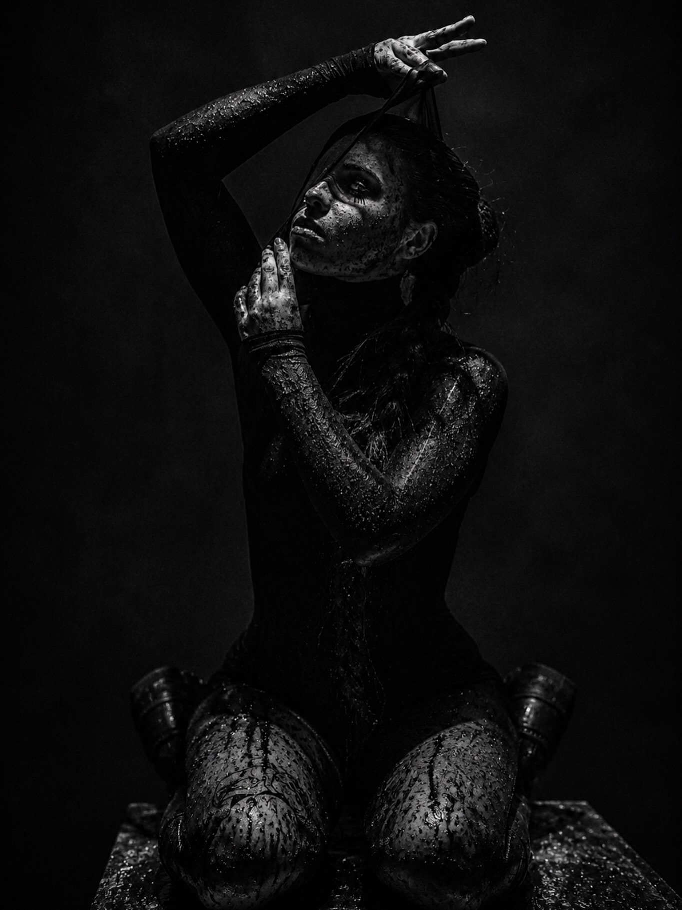 Photo by Eric 📸 on July 20, 2026. May be a black-and-white image of gas mask, costume, fishnet stockings and text.